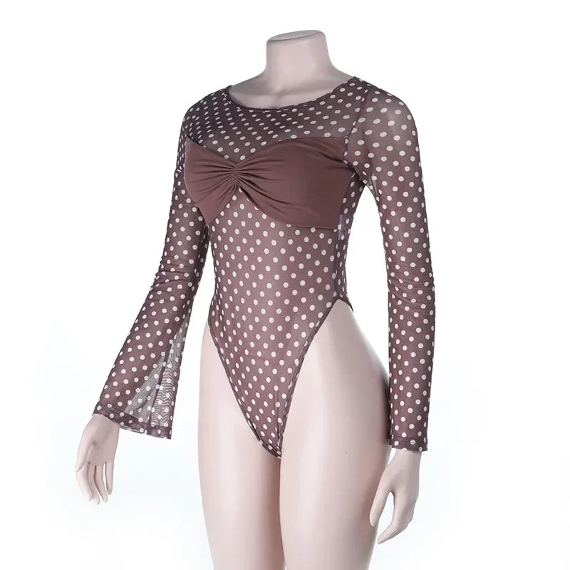Aqueboque See Through Mesh Long Sleeve Dot Printed Casual Tight Top