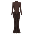 Conowingo Luxury Dark Brown High-Neck Padded Shoulder with Cutout Maxi Dress