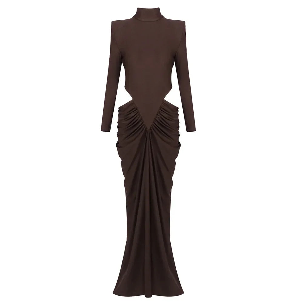 Conowingo Luxury Dark Brown High-Neck Padded Shoulder with Cutout Maxi Dress