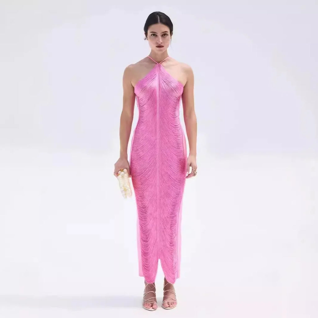Titusville Fashion Elegant Tassel Back Split Hanging Neck Patchwork Dress