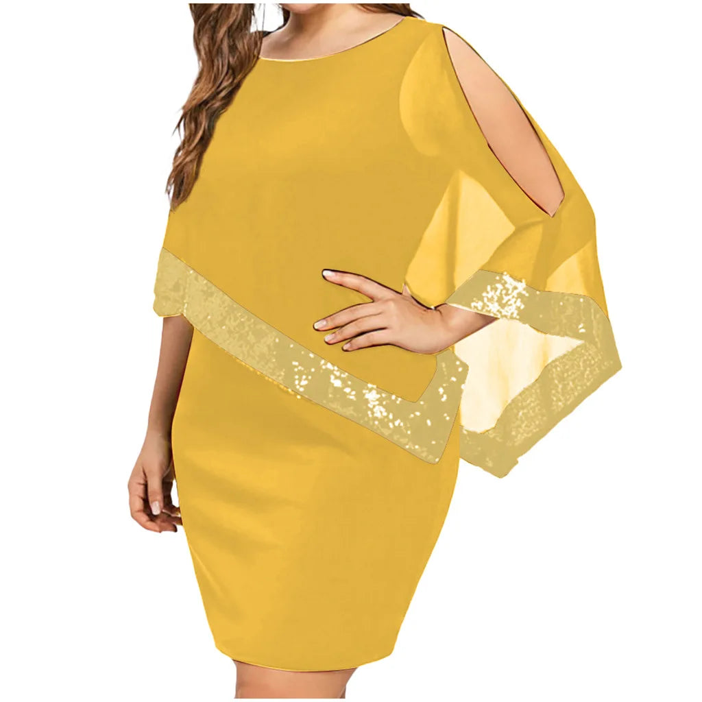 Carolina Plus Size Sexy Cold Shoulder Overlay Asymmetric Chiffon Strapless Sequins Dress
