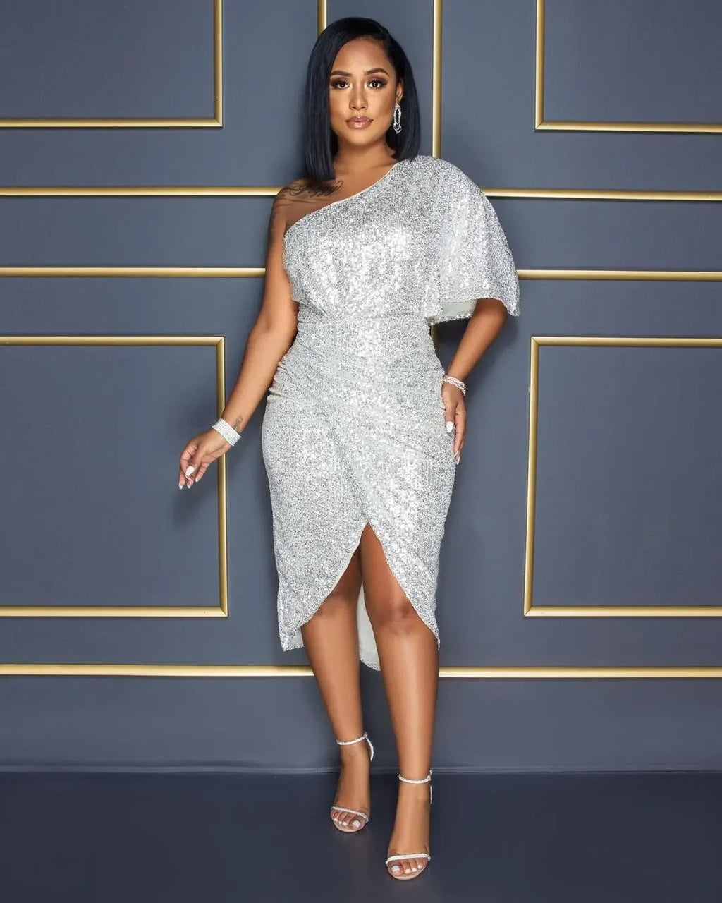 Patchoque Off-Shoulder Dress Solid Color Sequin Anti-Static Cross-Border Dress