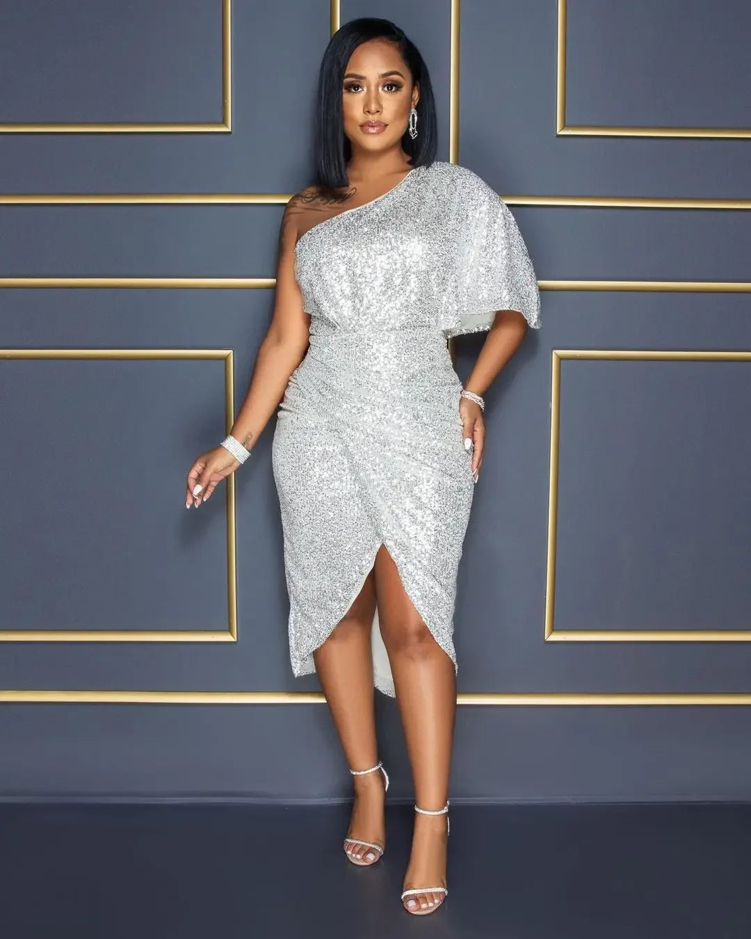 Patchoque Off-Shoulder Dress Solid Color Sequin Anti-Static Cross-Border Dress