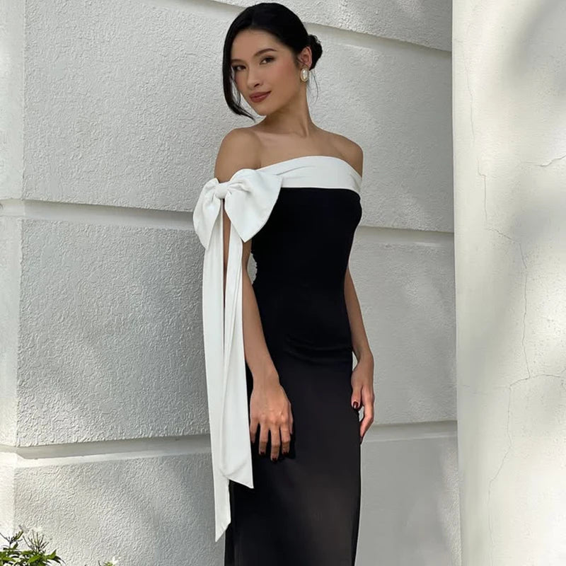 Rockaway Minimalism Color blocking Ribbon Bow Off Shoulder Fitted Floor Length Dress