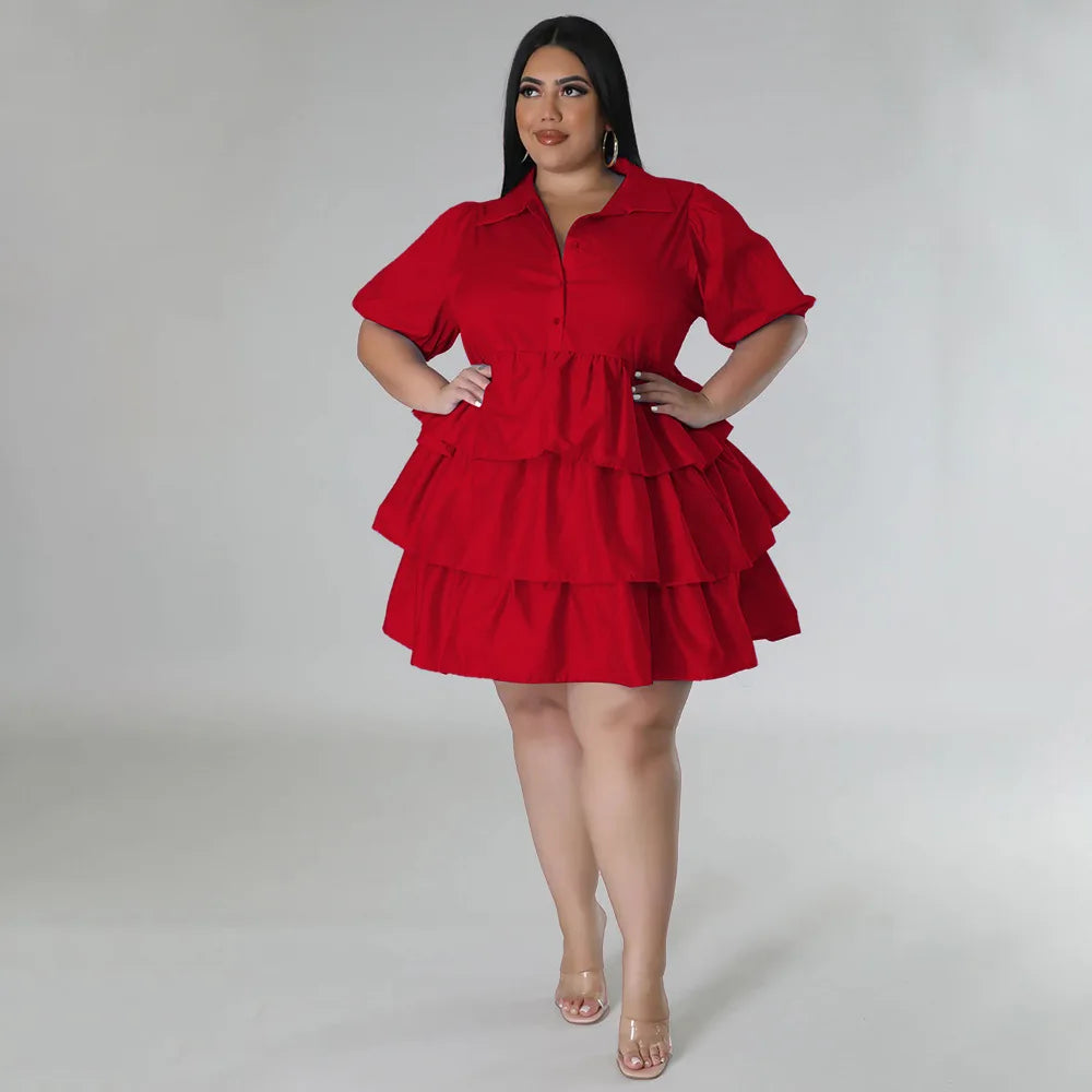 Chicago Solid Color Plus Size Ruffles Casual Loose Turn-Down Collar Dress