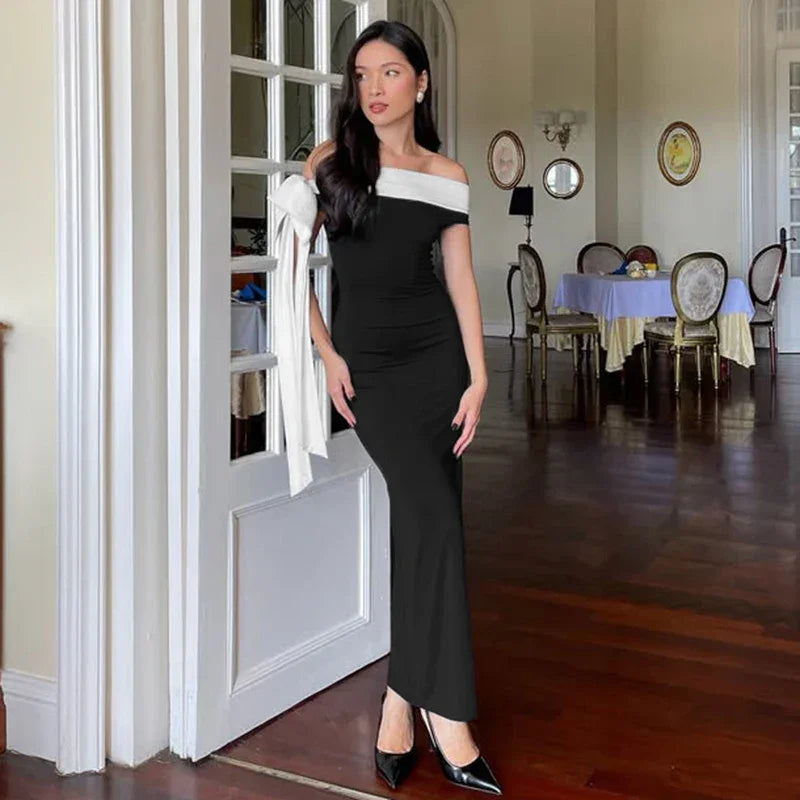 Rockaway Minimalism Color blocking Ribbon Bow Off Shoulder Fitted Floor Length Dress