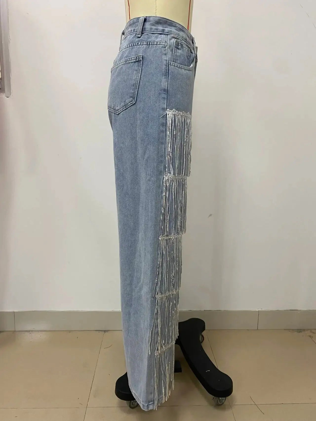 Maurice River High Waisted Fringe Wide Leg Baggy Bling Tassel Denim
