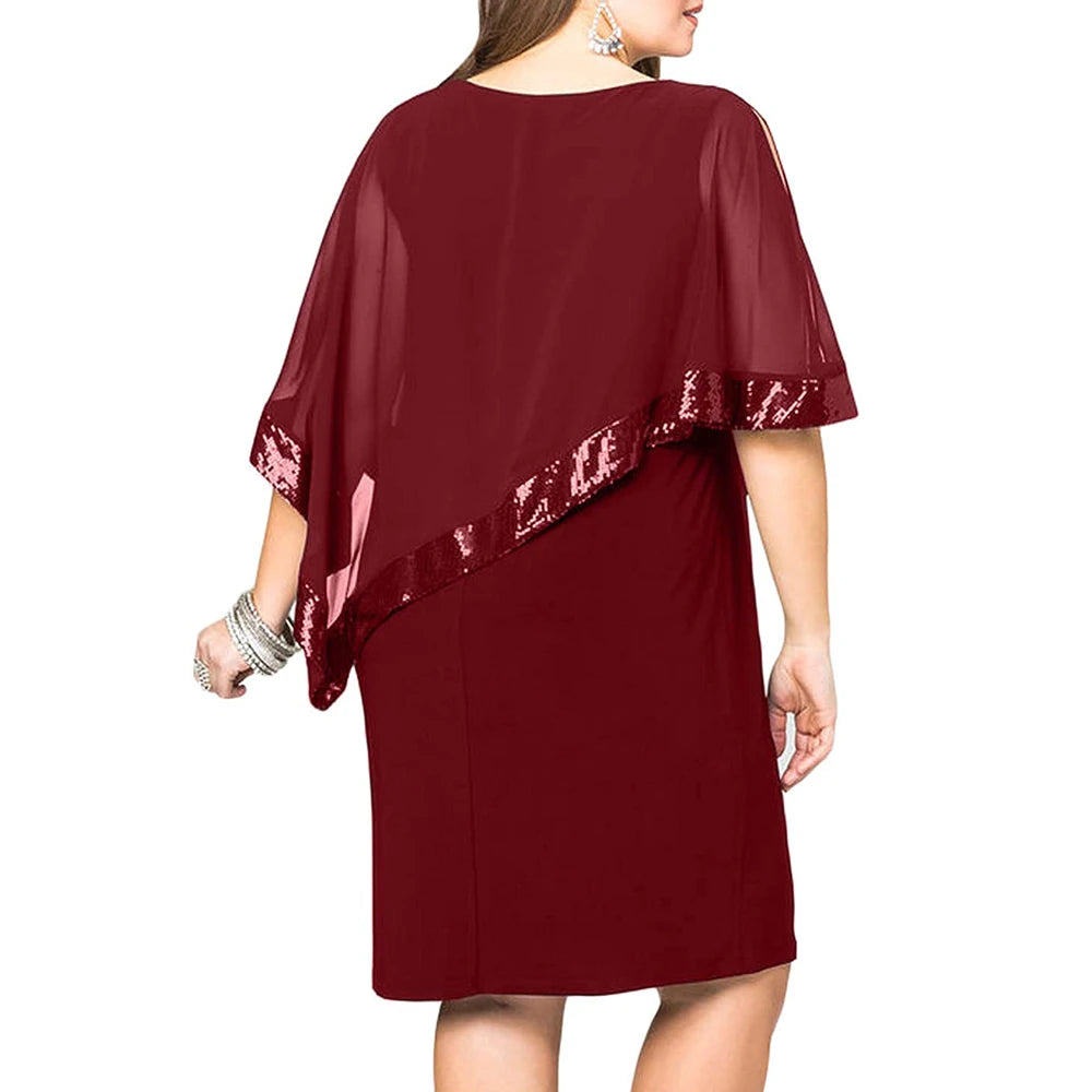 Carolina Plus Size Sexy Cold Shoulder Overlay Asymmetric Chiffon Strapless Sequins Dress