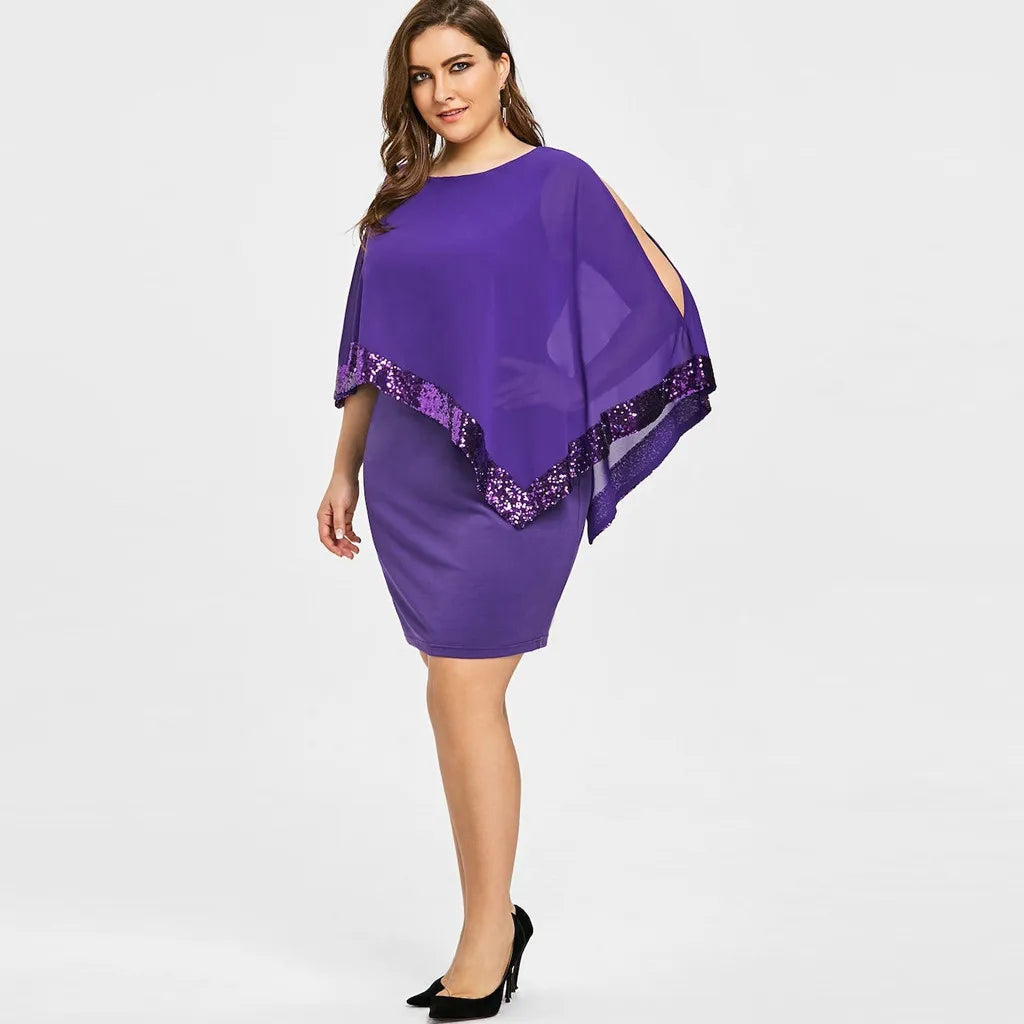 Carolina Plus Size Sexy Cold Shoulder Overlay Asymmetric Chiffon Strapless Sequins Dress