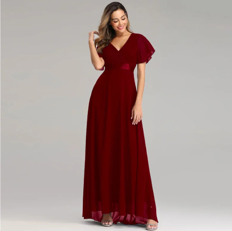 Kerney Elegant V Neck Ruffles Chiffon Formal Evening Gown Dress