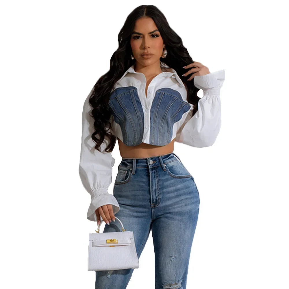 Avalon Fashionable Splicing Trumpet Sleeve Personalized Women's Shirt