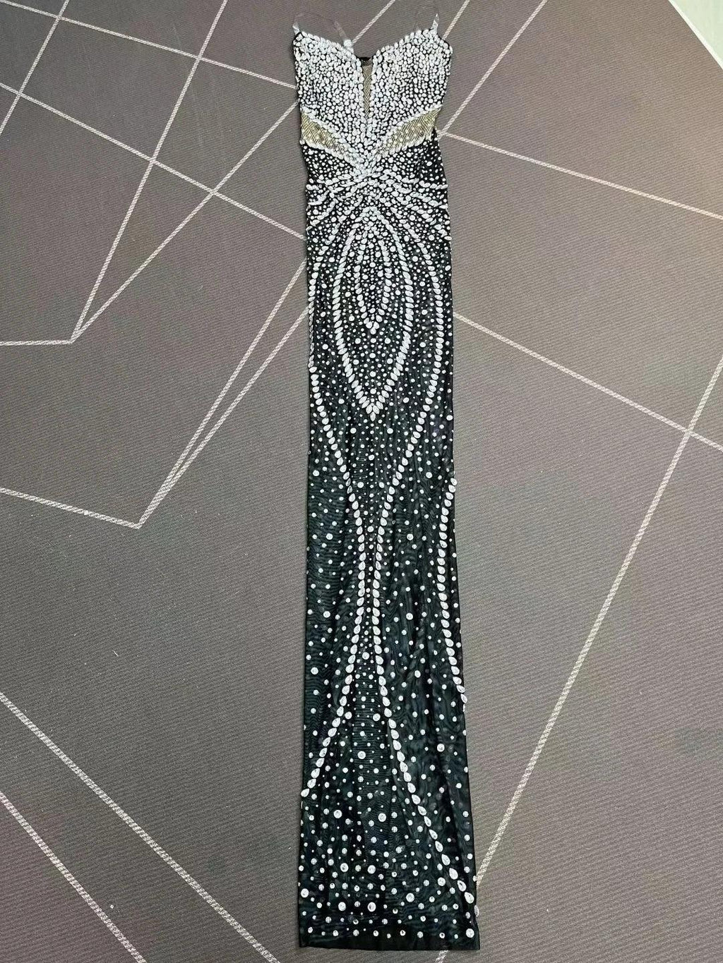 Allamuchy  Elegant Floor Length Bodycon Off-The-Shoulder Crystal Illusion Dress