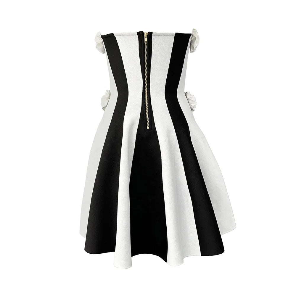 New Square 3D Flowers Sexy Stripe Strapless Bandage Club Party Elegant Mini Dress