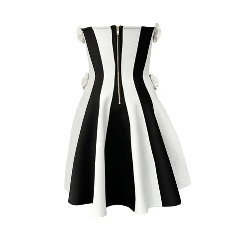 New Square 3D Flowers Sexy Stripe Strapless Bandage Club Party Elegant Mini Dress