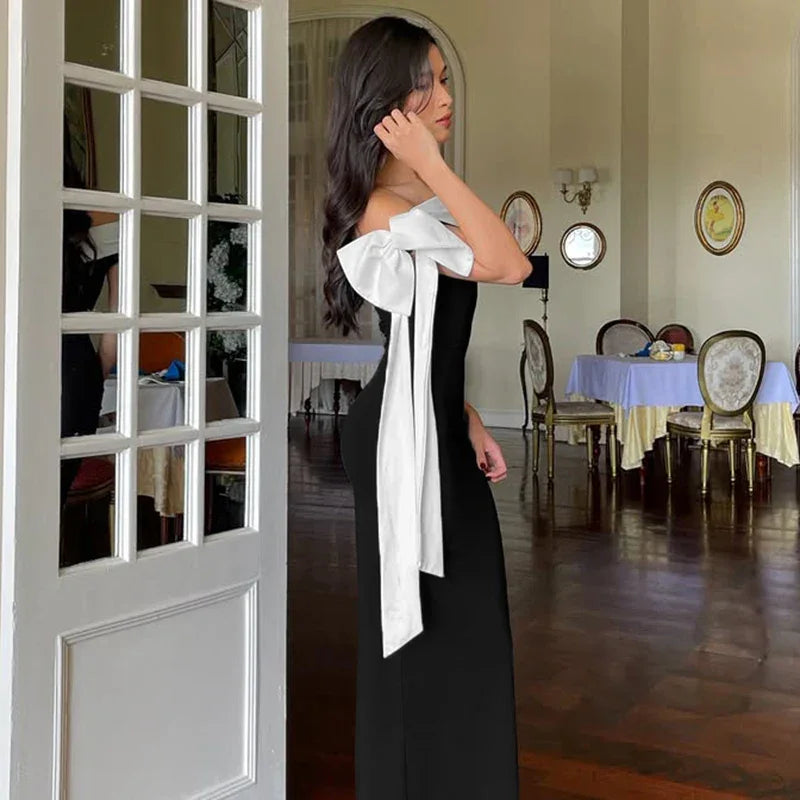 Rockaway Minimalism Color blocking Ribbon Bow Off Shoulder Fitted Floor Length Dress