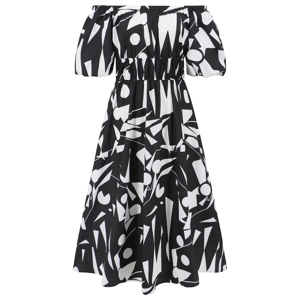 Sexy off Shoulder Bubble Sleeves Printed Maxi Dress Bohemian
