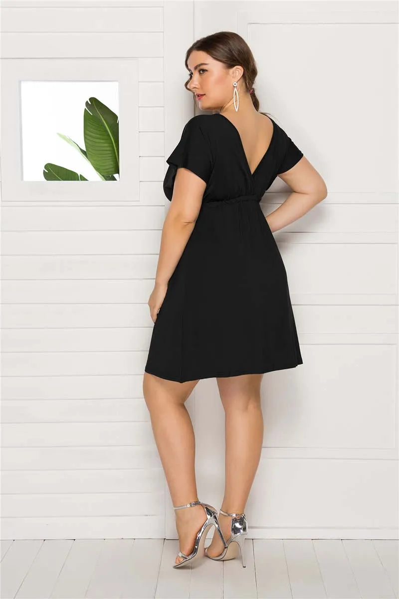 PLUS SIZE V Neck Sleeve Elastic Waist Frenulum Casual Loose Mini Dress
