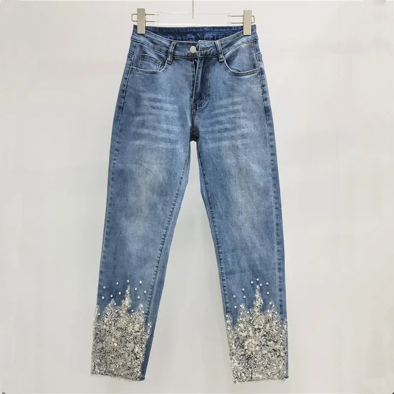 Mystic Island Elegant Casual Heavy Industry Nail Bead Sequin Lace Hollow Jeans