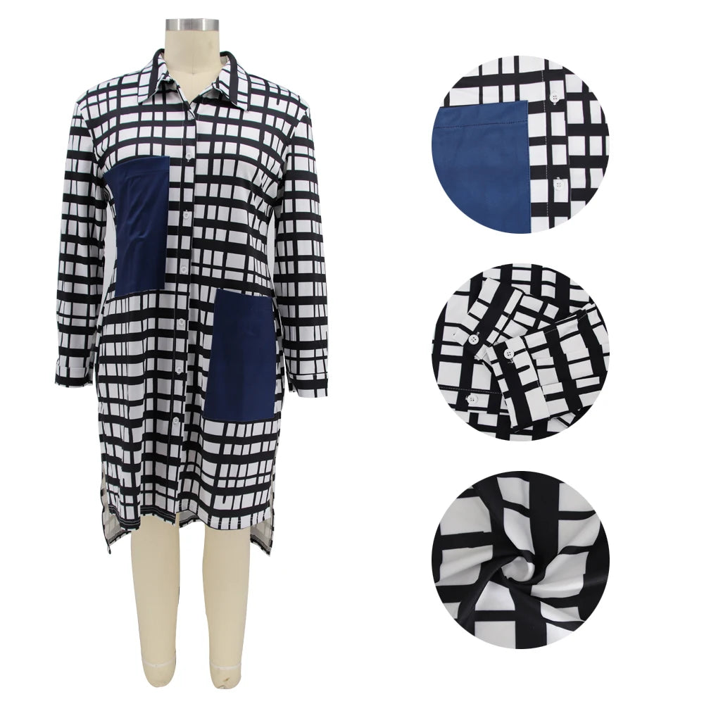 Kentucky Buttons Casual Long Sleeve Loose Office Lady Plaid Midi Dress