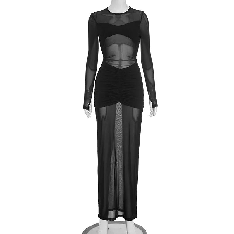 Schenectedy O Neck Long Sleeve Backless Sexy Black Mesh Full Length Maxi Dresses