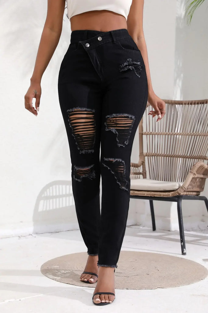 Toms River Ripped Holes Stretch Slash Pockets Distressed High Waist Pencil Denim Jeans