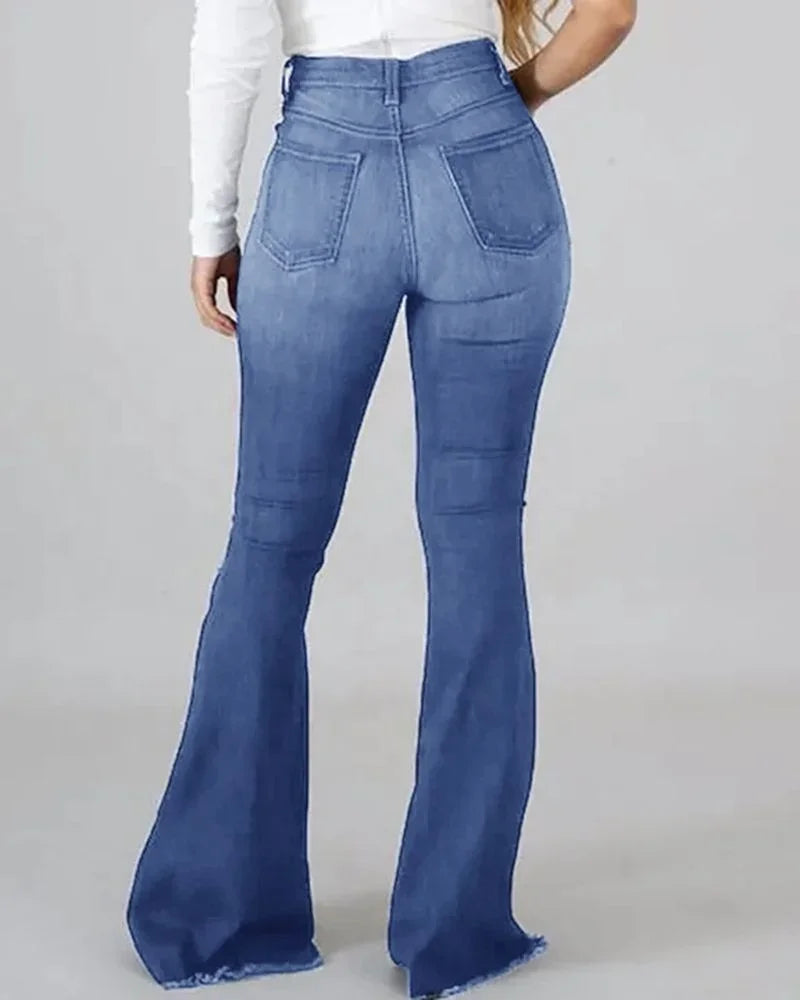 Pottstown Elastic Hole High-Waisted Flared Denim Trousers
