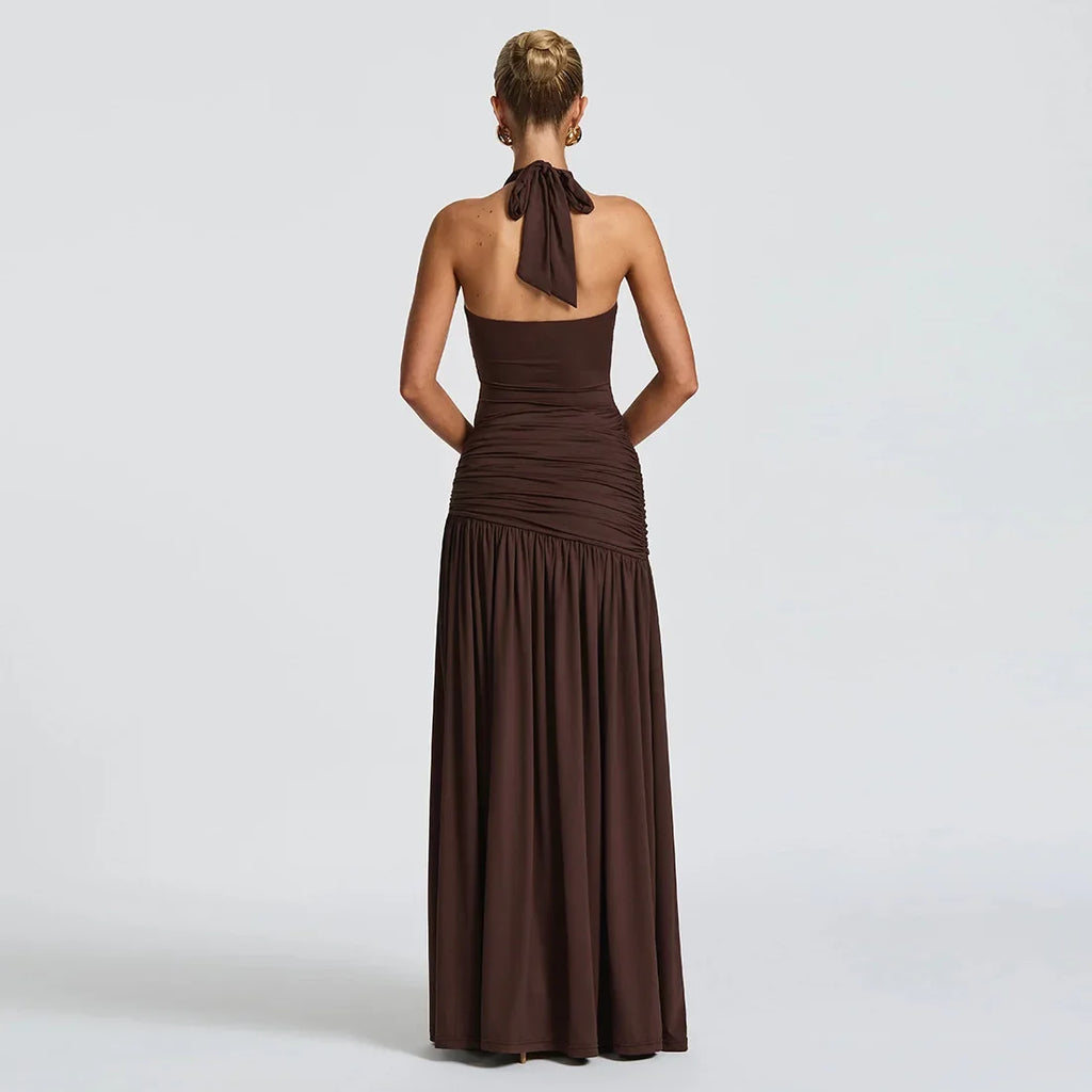 Clarion Chiffon Natural Waist Sleeveless Split Pleated Halter Maxi Dress