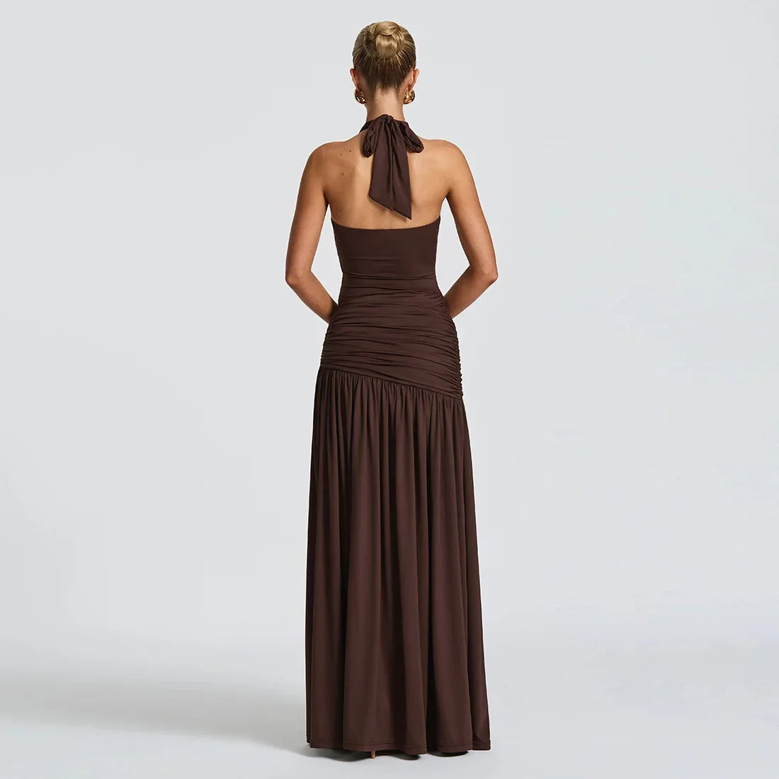 Clarion Chiffon Natural Waist Sleeveless Split Pleated Halter Maxi Dress