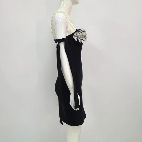 Cranford Backless Pearl Diamonds Crystal Black Mini Bodycon Bandage Dress