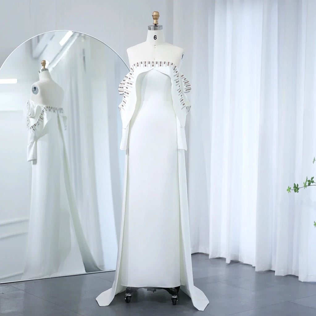 White Satin Mermaid Simple Arabic Design 3D Natural Pleats Feathers Wedding Dress
