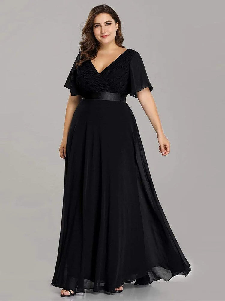 Detroit Plus Size Evening Long Elegant A Line V Neck Ruffles Chiffon Formal Dress