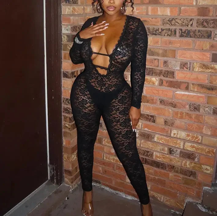 Trumbull Long Sleeve Black Lace Deep v Neck See Through Jumpsuit