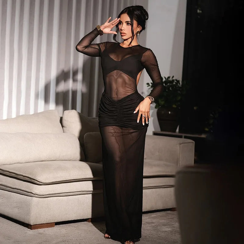 Schenectedy O Neck Long Sleeve Backless Sexy Black Mesh Full Length Maxi Dresses