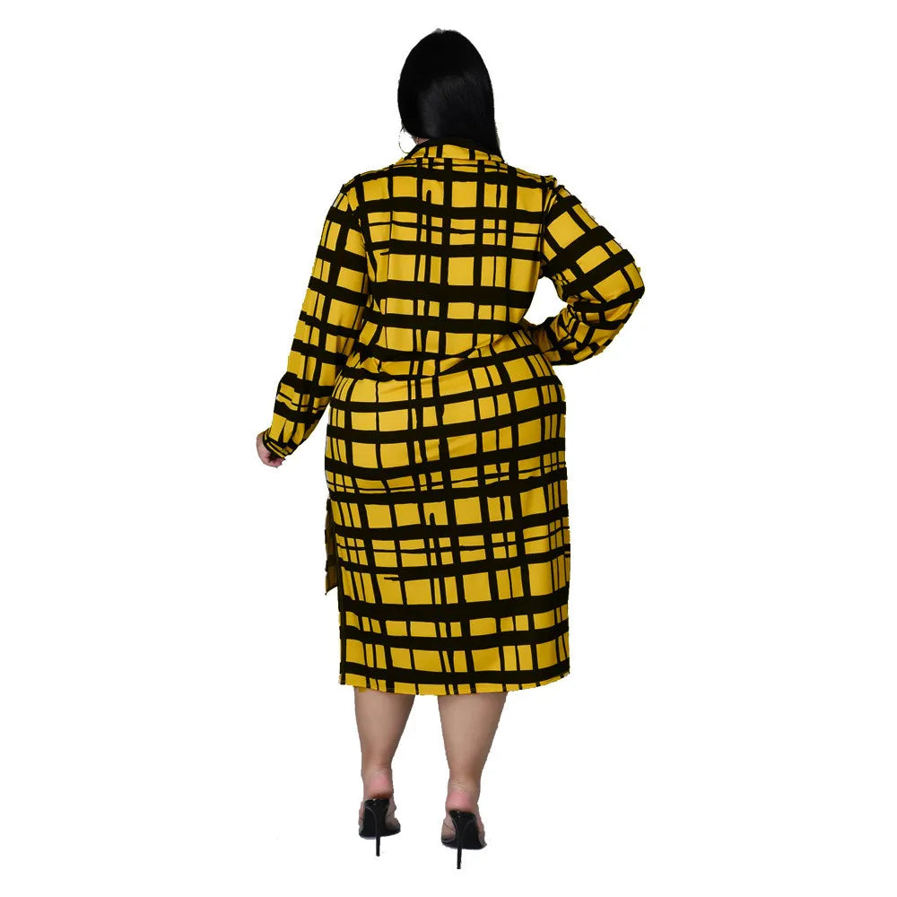 Kentucky Buttons Casual Long Sleeve Loose Office Lady Plaid Midi Dress