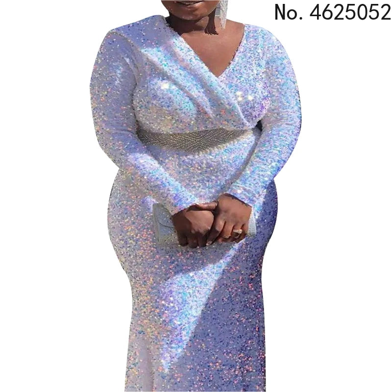 Barahona Plus Size White Sequin Long Elegant Wedding Dinner Formal Dress