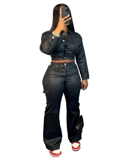 Buffalo Leather Suit Crop Slim-Fit Leather Casual Tracksuit Two Piece Set