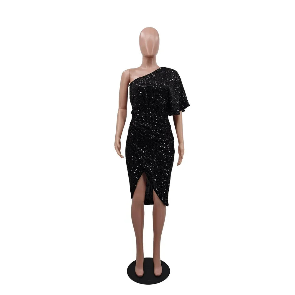 Patchoque Off-Shoulder Dress Solid Color Sequin Anti-Static Cross-Border Dress