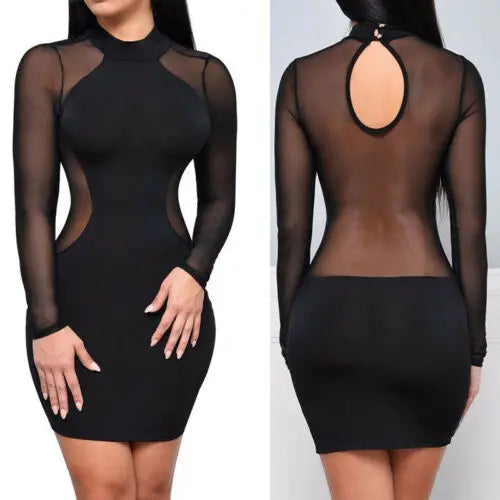 London Casual Long Sleeve O Neck Backless Sexy Lace See Though Mini Dress