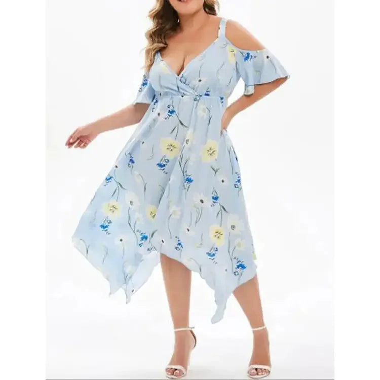 Stunning Floral Print Open Shoulder Midi Dress Plus Size