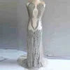 Romney High Quality Long Lace Rhinestone Fabric With Silver Nude Mesh Crystal Dress