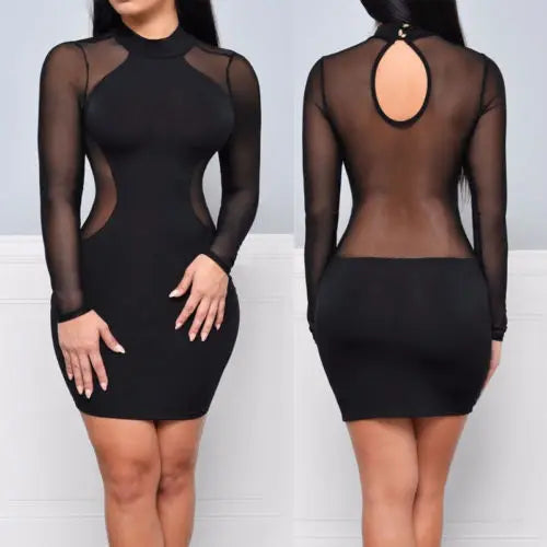 London Casual Long Sleeve O Neck Backless Sexy Lace See Though Mini Dress
