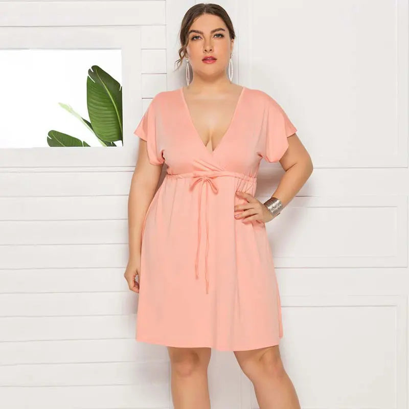 PLUS SIZE V Neck Sleeve Elastic Waist Frenulum Casual Loose Mini Dress