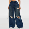 Phoenixville High-Waisted Wide-Leg Ripped Fabric Dark Wash Casual Jeans Denim