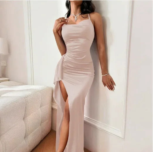 Thiells Style Sweet Solid Natural Breathable Cotton High Waist Strapless Maxi Dress