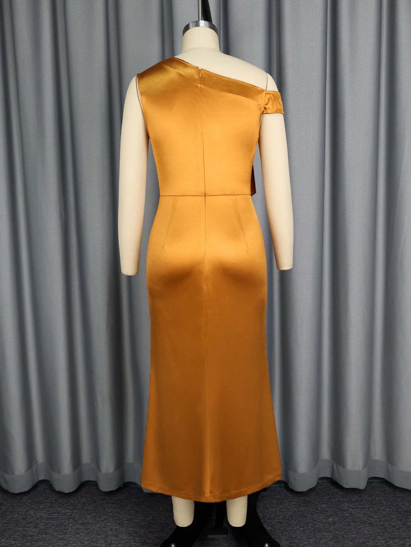 Maywood Elegant One Shoulder Asymmetrical 3D Flower Satin High Waist Brown Dress