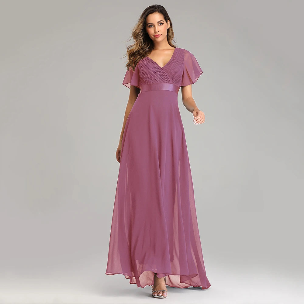 Kerney Elegant V Neck Ruffles Chiffon Formal Evening Gown Dress