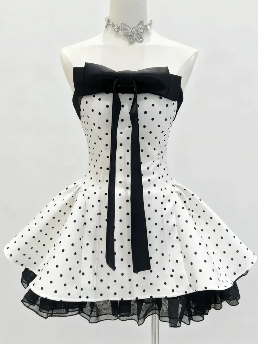 Monsey Sweet Style Sleeveless Tube Layered A-line Bow Ruffles Mini Dress