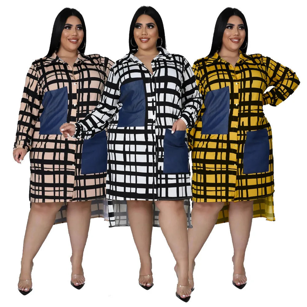 Kentucky Buttons Casual Long Sleeve Loose Office Lady Plaid Midi Dress
