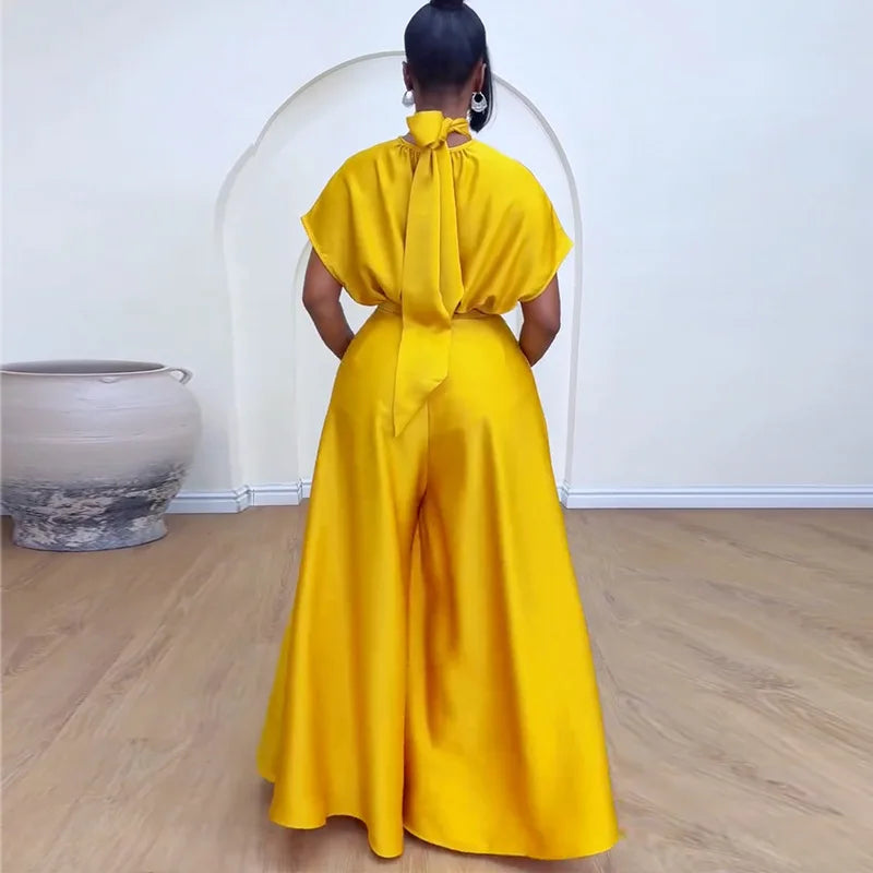 Pontiac Yellow Satin Elegant Temperament Loose High Neck Two Piece Set