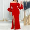 Saddle River Elegant Evening Sexy One Shoulder Ruffle Sleeve Split Long Dress